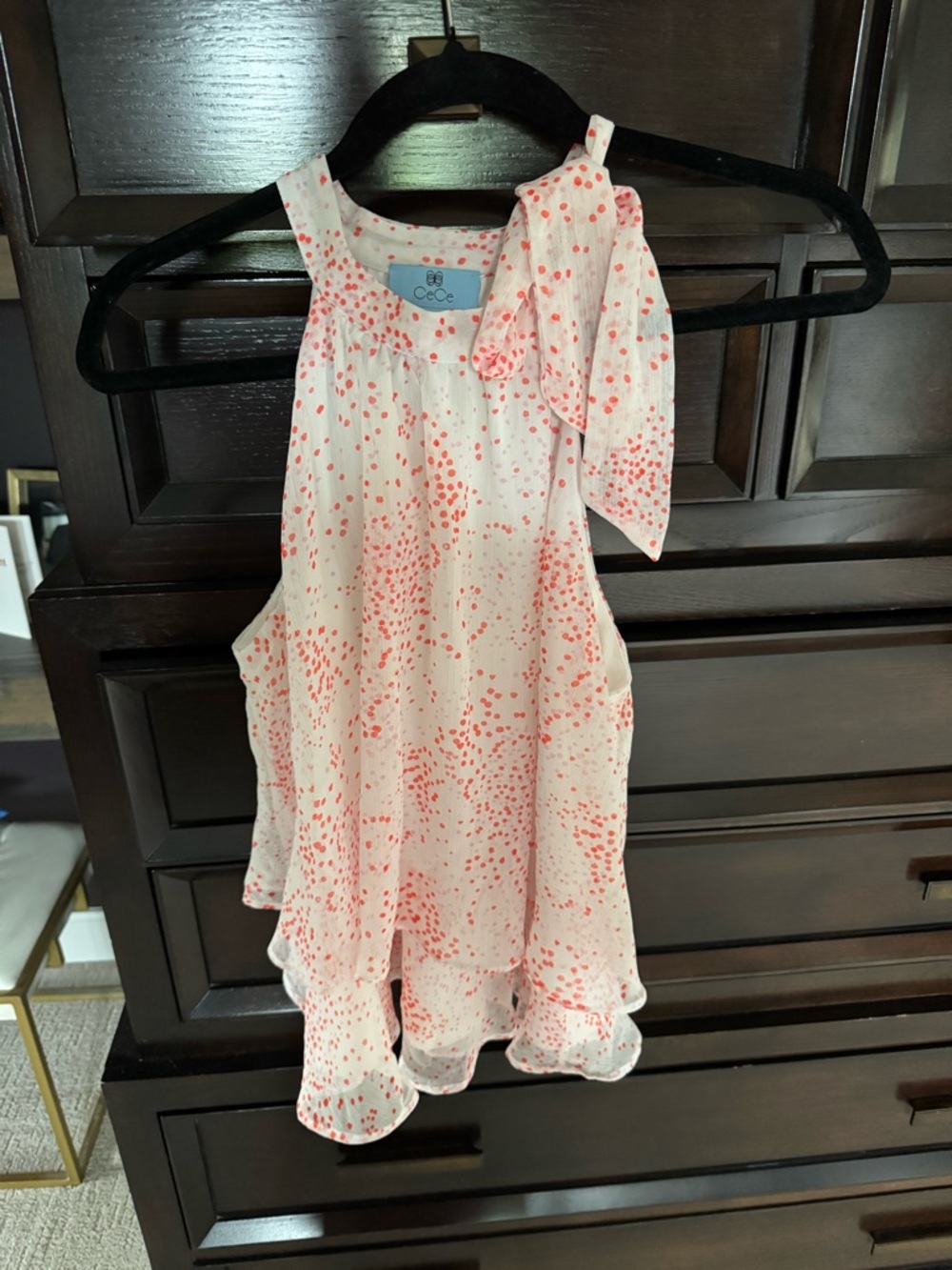 CeCe Girls Cream top with Pink Dot Tie-Shoulder